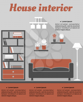 House Living room interior infographic template showing room with sofa, bookcase and lamp with copyspace for text