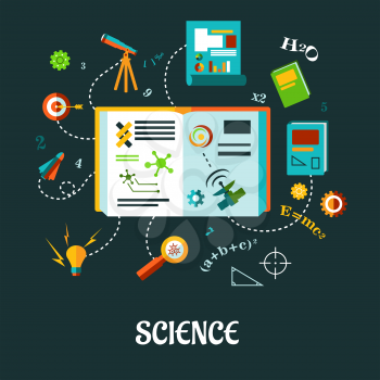 Flat vector creative science concept with different icons, formulas and symbols