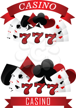 Gambling emblems or signs showing playing cards in all the suits clubs, spades, diamonds and hearts with a ribbon banner and text Casino and 777