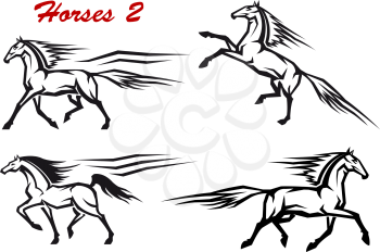 Black and white horses icons in motion showing a horse, rearing, trotting, galloping and high stepping for dressage
