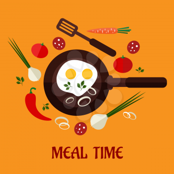 Flat meal time illustration showing fresh vegetables, salami and a spatula surrounding a frying pan containing two fried eggs