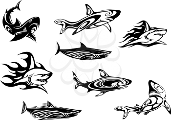Fierce shark icons swimming underwater, some trailing flames, in black and white vector illustrations for tattoo or mascot design