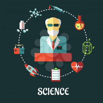 Different sciences flat  concept with the silhouette of a scientist surrounded by medical, biology, space, mechanic, geometry and scientific icons in a circle, vector illustration