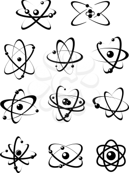 Set of atom icons for scientific themed concepts with particles in orbit revolving around a nucleus in black and white vector illustrations