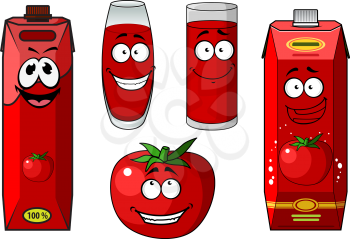 Colorful red cartoon fresh tomato and tomato juice icons showing two containers for juice, two glasses and a fresh vegetable all with smiling faces, vector illustration