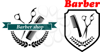 Barber Shop emblems or labels depicting a comb and scissors with text, one in a shield and the other with a ribbon banner and wreath, vector illustration on white