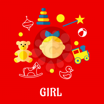 Girl flat concept showing a cartoon silhouette of a small girls head with a bow surrounded by her toys on red for infographics design