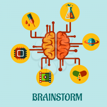 Creative brainstorming flat concept design with elements depicting research in medicine, science, technology and business
