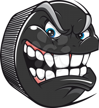 Cartoon vector hockey puck with an evil toothy grin glaring at the viewer