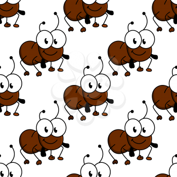 Cute little cartoon ant seamless background pattern with a smiling face and googly eyes in a repeat motif