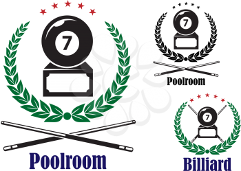 Billiard or pool badges or emblems showing the number 7 ball in a wreath with crossed cues and text Poolroom or Billiard, vector illustration on white
