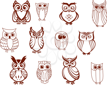 Set of line drawn cartoon vector owls characters with cute expressions and large eyes in brown and white