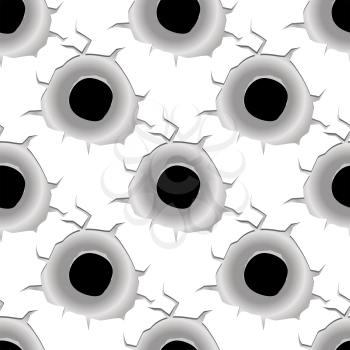 Seamless background pattern of bullet holes surrounded by cracks in a repeat greyscale motif in square format, vector illustration on white