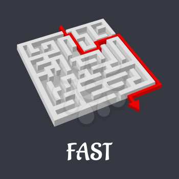 Labyrinth puzzle with a fast short solution shown by a red arrow exiting the maze with text Fast below