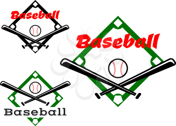 Baseball labels or badges in two different designs showing crossed bats and ball over a pitch with text Baseball, vector illustration on white