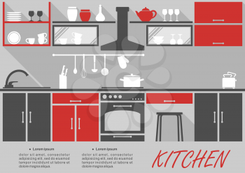 Kitchen interior decor infographic template with space for text showing fitted appliances and cabinets and shelves with kitchenware and crockery in grey and red