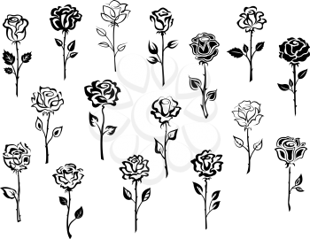 Black and white collection of rose icons in sketch style each one showing a different single long stemmed rose symbolic of love, vector illustration on white