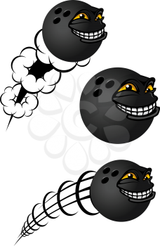 Cartoon bowling balls characters with toothy smiles, two with different shaped motion trails, vector illustration on white
