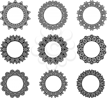Round vintage frames in celtic style with intricate ornate calligraphic borders in black and white and central copyspace, vector illustration on white
