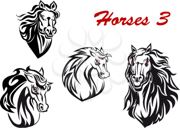 Black and white cartoon horse characters head icons with flowing manes, two facing the viewer and two turning to the side, for tattoo, mascot or equestrian sports design. Vector illustration