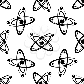 Seamless background pattern of atoms showing the structure with electrons orbiting around the nucleus for a scientific themed concept, repeat black and white motif in square format
