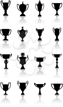 Black silhouette vector trophy cup  icons in different shapes to be awarded to the winner