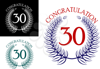 30 th Anniversary congratulation wreaths with the number enclosed in a circular laurel wreath with the text Congratulations above, vector illustration
