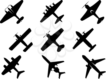 Black vector aircraft silhouette icons showing a range of fixed wing and commercial airplanes from below