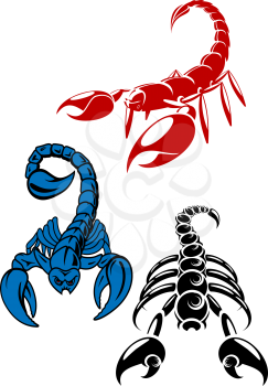 Colored danger and aggressive scorpion icons showing the scorpion in different positions with the sting in its tail raised, for tattoo design