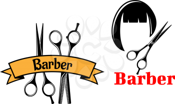 Barber icons and emblems, one showing two scissors with a ribbon banner and the other scissors over a haircut, vector illustration on white