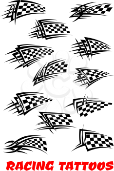 Checkered flags set stylized as racing tattoos or icons