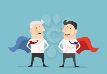 Cartoon Super hero businessman characters standing facing each other, one with a red cape, one a blue