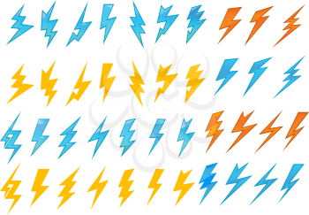 Colorful lightning bolts or electrical icons showing various zigzag patterns in red, orange and blue, vector illustration on white