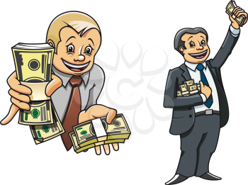 Successful businessman cartoon characters, one holding out wads of money to the viewer, the other cheering and celebrating his wealth holding stacks of banknotes