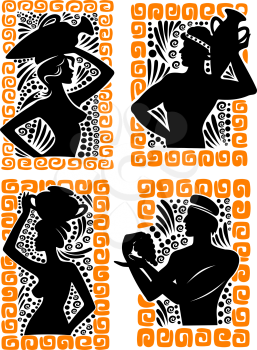 Classical Greek or Roman figures in black silhouette showing maidens and young men carrying urns and amphoras and eating grapes, vector illustration in orange frames