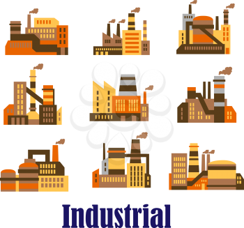 Flat industrial icons of plants, installations and factories with smoking chimney stacks in shades of brown, vector illustration on white