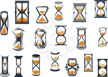 Egg timers and hourglasses in brown and black in various shapes showing sand running through measuring passing time, vector illustration on white