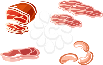Colored meat icons showing a leg pf pork, cutlet, bacon slices and sausages. Vector illustration isolated on white