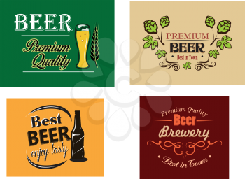 Colorful vector beer advertising posters with various text decorated with a glass, bottle and fresh hops, vector illustration