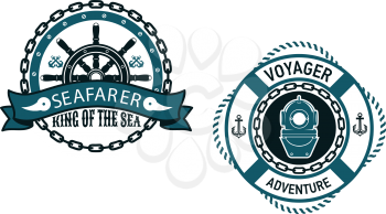 Nautical themed emblems and symbols with Seafarer, King of the Sea with a ships wheel in a circular chain frame and for Voyager Adventure, with a vintage diving helmet inside a life buoy