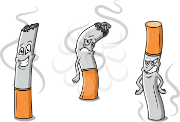 Cute cartoon cigarettes characters with different expressions and wisps of smoke, vector illustration isolated on white