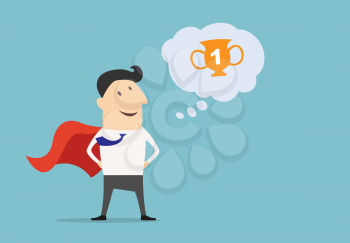 Cartoon businessman Super Hero character wearing a red cloak with a thought bubble containing a winners trophy over blue, vector illustration