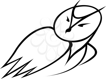 Black and white outline doodle sketch of a cartoon owl looking back over its shoulder