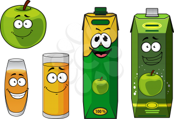 Fresh healthy green happy cartoon apple with apple juice in two different glasses and two cardboard cartons, vector illustration isolated on white