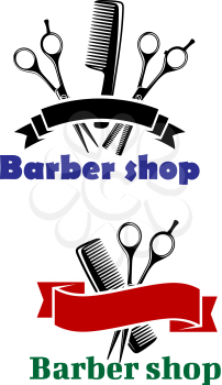 Barber Shop signs with blank ribbon banners for text over scissors and combs, vector illustration isolated on white