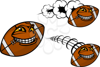 Happy brown leather cartoon football or rugby ball, one plain and two with different motion trails flying through the air, vector illustration isolated on white