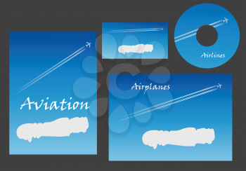 Aviation marketing elements with a white cloud with copyspace and a contrail behind a jet on a blue sky on stationery, business card and CD, vector template illustration