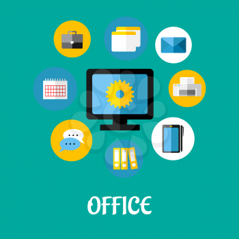 Office vectorflat icons set with a central monitor surrounded by icons depicting group chat, teamwork, calendar, organization, schedule, briefcase, files, correspondence, printer and tablet