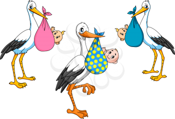 Cartoon storks carrying little newborn babies for delivery boy and girl