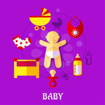 Colorful flat baby design with a cute little baby in a nappy encircled by a cot, crib, pushchair, booties, bib, bottle, and dummy on a purple background, vector illustration